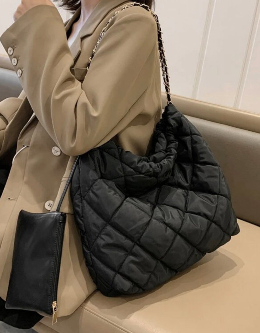 Nylon Quilted Chain Shoulder Tote Bag With Coin Pouch, Cushion Quilted