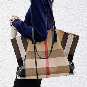 Plaid Canvas Tote Shoulder Bag | Large Capacity Handbags for Women |  Cute Tote Bag | Birthday Gift Idea