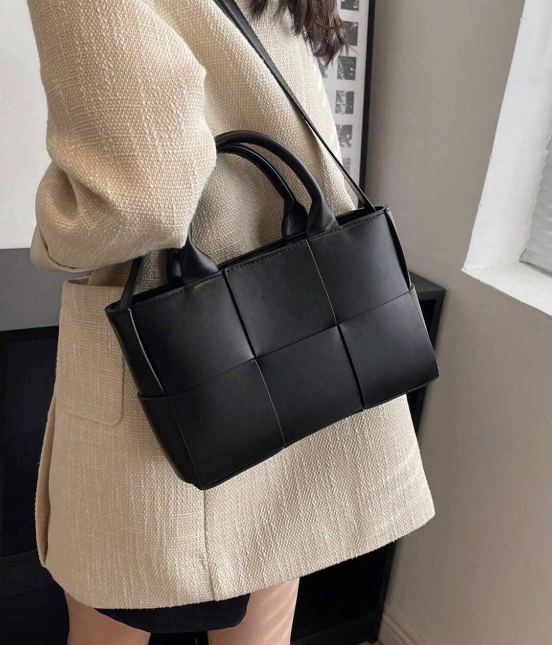 Minimalist PU Leather Woven Satchel Crossbody Bag, Adjustable Strap ...