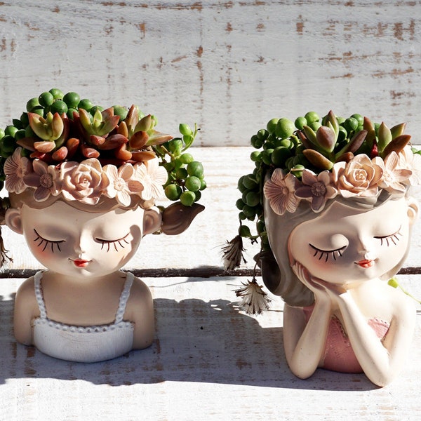 Succulent arrangement, live succulents in cute girl head planter, holiday gift, tabletop decor, housewarming gift, birthday gift