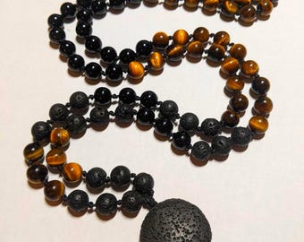 108 Bead Mala - Tigers Eye/Onyx/Lava Stone