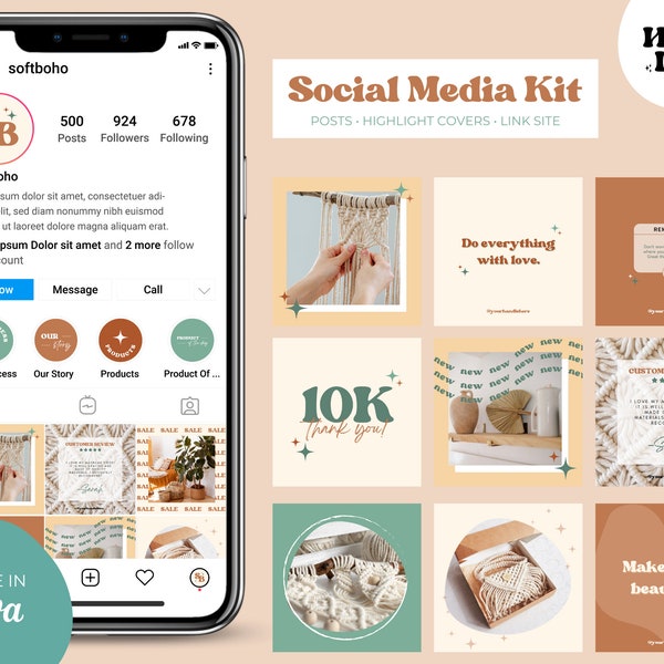 Soft Boho Social Media Kit, Instagram Post Templates, Story Highlight Templates, Social Media Template, Branding Kit, Boho Instagram