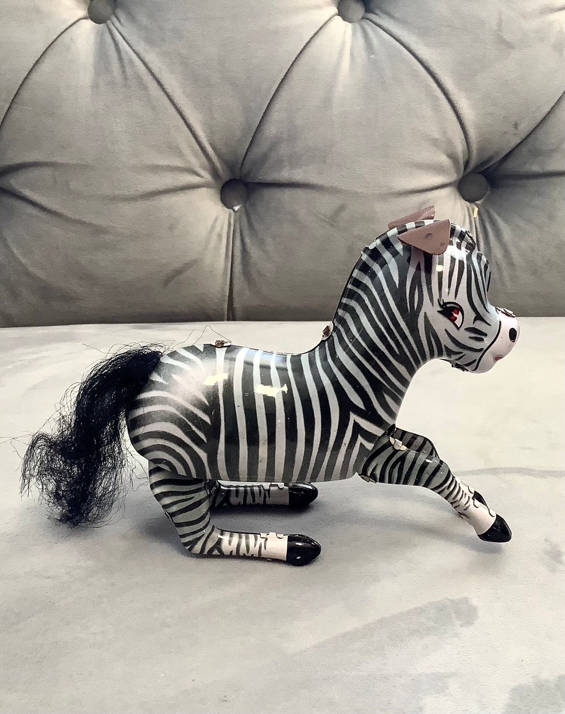Vintage 1970s Metal Clockwork Jumping Zebra Wind-up Toy With