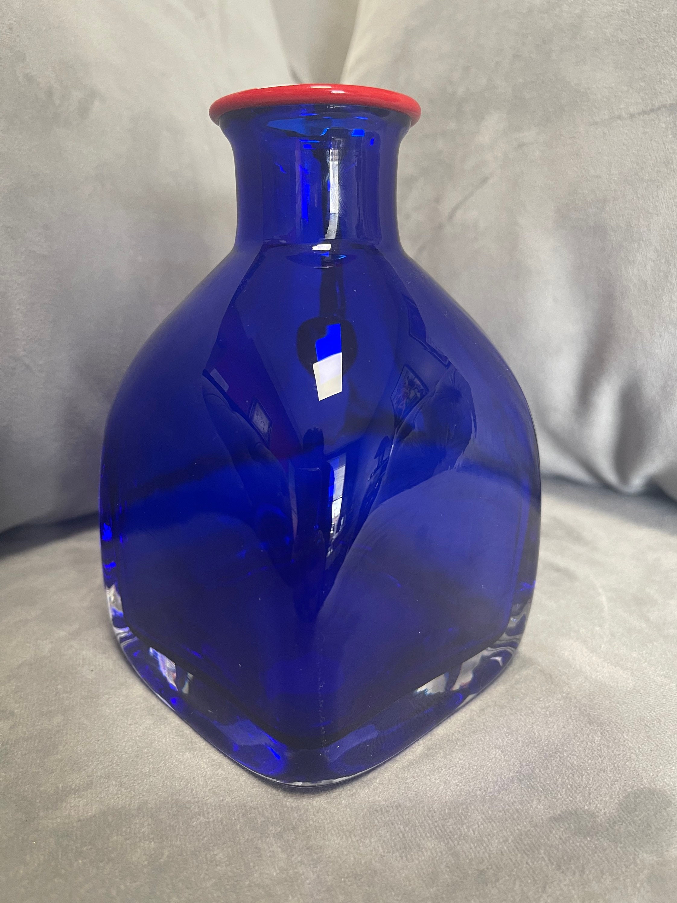 Cobalt Blue Glass Square Vase/jug With Red Handle and Rim Etsy