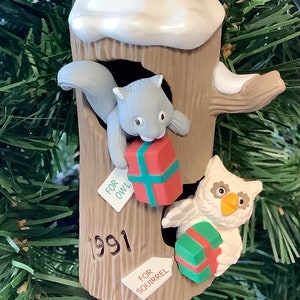 Vintage 1991 HALLMARK Keepsake &quot;Squirrel & Owl&quot; FRIENDSHIP TREE Christmas Tree Ornament
