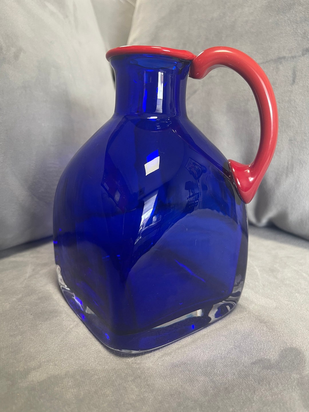 Cobalt Blue Glass Square Vase/jug With Red Handle and Rim Etsy