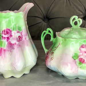Vintage Floral LEFTON Hand Painted Fine China CREAMER And SUGAR Set Made in Austria