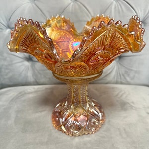 Beautiful VINTAGE Imperial Glass Marigold/Amber CARNIVAL GLASS Punch Bowl, Stand and Glass