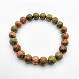 Unakite Gemstone Crystal Bracelet, Unakite Jewelry, Beaded Bracelet Chakra Healing, Rose Gold Charm Stone Bracelet, Mens Womens Bracelet