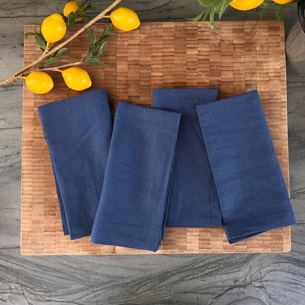 Premium French Linen Napkins 18x18", Sets, Stonewashed, Handcrafted Mitered Corners, Luxury Dining Gift, Elegant Table Decor (Classic Blue)