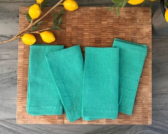 Premium French Linen Napkins 18x18", Sets, Stonewashed, Handcrafted Mitered Corners, Luxury Dining Gift, Elegant Table Decor (Emerald Green)