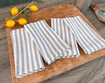 100% French Linen Napkins -18 x 18 inch, Set of 4 - Stonewashed Pure Linen - Handcrafted with Mitered Corners - Great Gift (Blue Stripes)