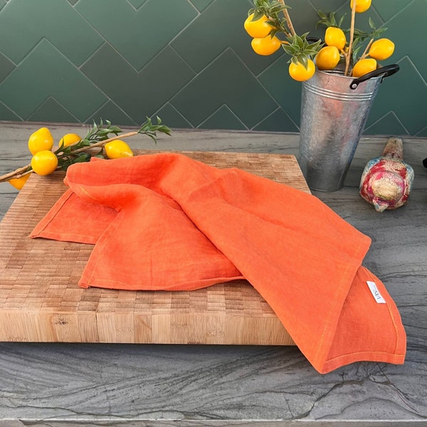 Organic Linen Towels - Set of 2, Kitchen towels, Tea Towels with loop, Stonewashed Pure  Linen towels, French Hand Towels (Burnt Orange)