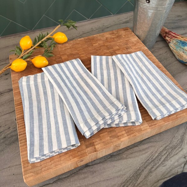 100% French Linen Napkins -18 x 18 inch, Set of 4 - Stonewashed Pure Linen - Handcrafted with Mitered Corners - Great Gift (Blue Stripes)