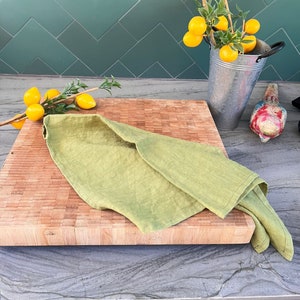 Rustic Linen Towels - Set of 2, Kitchen towels, Tea Towels with loop, Stonewashed 100% Linen, Pure Linen Multiuse Towels (Lima Green)