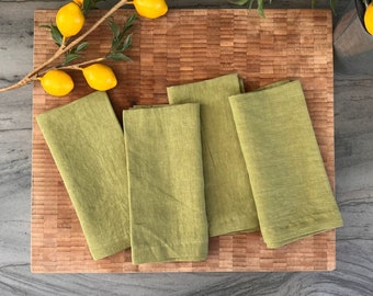 Premium French Linen Napkins 18x18", Sets, Stonewashed, Handcrafted Mitered Corners, Luxury Dining Gift, Elegant Table Decor (Lima Green)