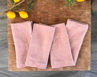 100% French Linen Napkins -18 x 18 inch, Set of 4 - Stonewashed Pure Linen - Handcrafted with Mitered Corners - Great Gift (Light Mauve)