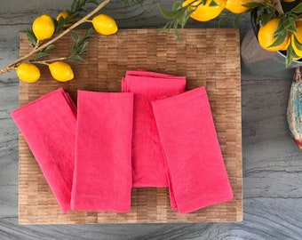 100% French Linen Napkins -18 x 18 inch, Set of 4 - Stonewashed Pure Linen - Handcrafted with Mitered Corners - Great Gift (Watermelon Pink)