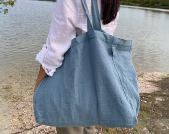 Large Linen Beach Bag - Eco Friendly Oversized Tote, Travel bag, Beach bag with pockets, Stonewashed Durable - French style - Slate Blue