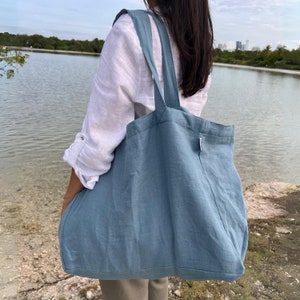 Large Linen Beach Bag - Eco Friendly Oversized Tote, Travel bag, Beach bag with pockets, Stonewashed Durable - French style - Slate Blue. VASI Studio.