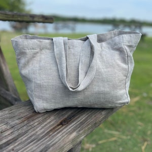 Small Linen Bag - Eco Friendly Natural, Zero waste bag with pockets, Stonewash, Soft, Durable - French style - Casual Everyday Tote - Pure