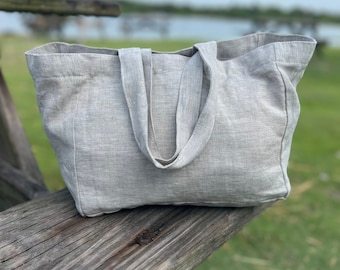 Petit sac en lin - Naturel écologique, Sac zéro déchet avec poches, effet délavé, doux, résistant - Style français - Cabas décontracté de tous les jours - Pure