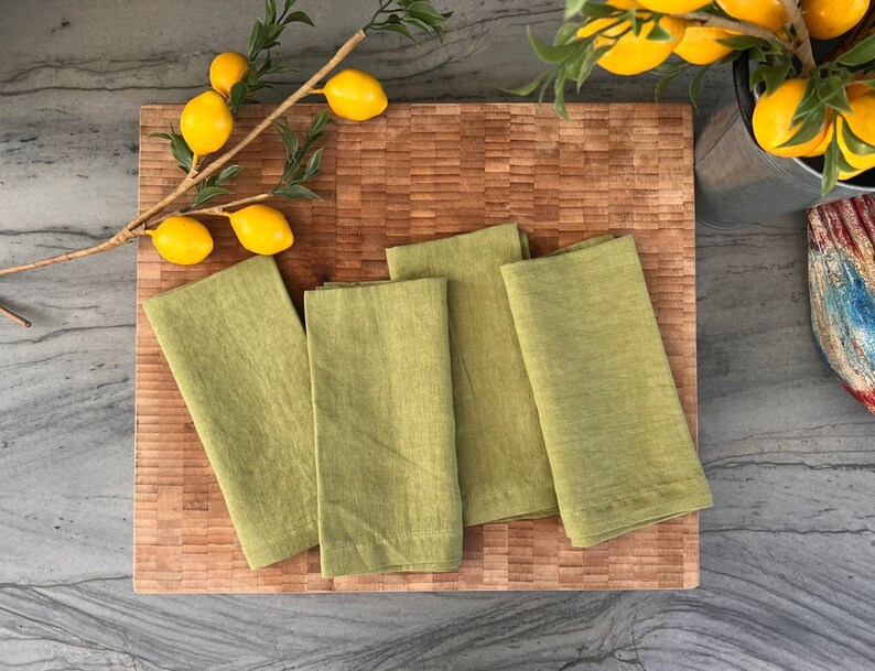 Premium French Linen Napkins 17x17", Sets, Stonewashed, Handcrafted Mitered Corners, Luxury Dining Gift, Elegant Table Decor (Lima Green) VASI studio.