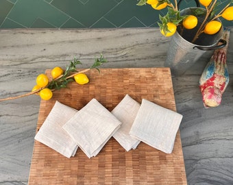 Linen Cocktail Napkins - 100% French Linen -10 x 10 inch, Set of 4 or 2- Stonewashed Pure Linen - Handcrafted- Great Gift (Soft Oatmeal)