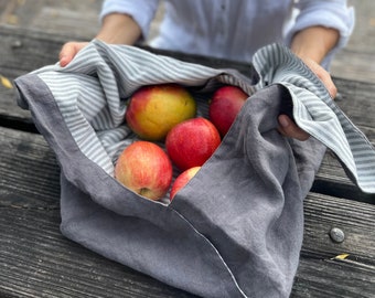 100% pure Linen Bento Bag - Organic Bread Bag, Eco-Friendly Lunch Tote,  Kitchen bag Storage, Lunch cloth bag - Dark Grey, Hypoallergenic