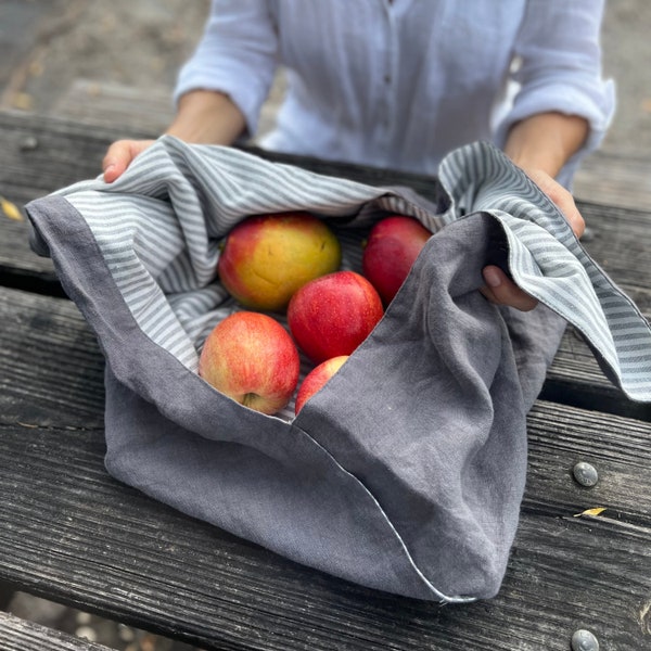 100% pure Linen Bento Bag - Organic Bread Bag, Eco-Friendly Lunch Tote,  Kitchen bag Storage, Lunch cloth bag - Dark Grey, Hypoallergenic