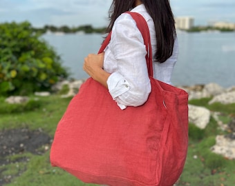 Large Linen Beach Bag - Eco Friendly Oversized Tote, Travel bag, Beach bag with pockets, Stonewashed Durable - French style - Terracotta Red