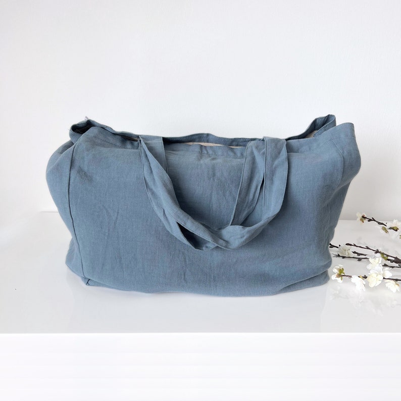 Large Linen Beach Bag - Eco Friendly Oversized Tote, Travel bag, Beach bag with pockets, Stonewashed Durable - French style - Slate Blue. VASI studio