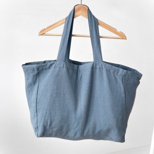 Large Linen Beach Bag - Eco Friendly Oversized Tote, Travel bag, Beach bag with pockets, Stonewashed Durable - French style - Slate Blue. VASI studio