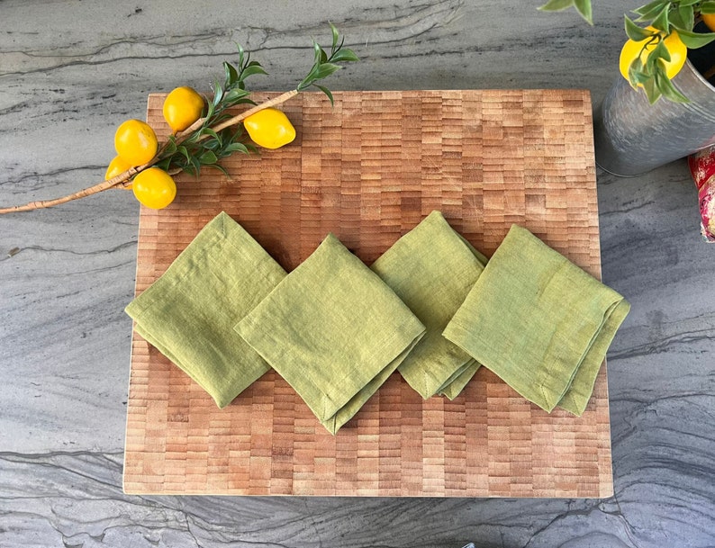 Premium French Linen Napkins 18x18, Sets, Stonewashed, Handcrafted Mitered Corners, Luxury Dining Gift, Elegant Table Decor Lima Green 10"x10"