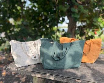 Small Linen Bag - Eco Friendly Natural, Zero waste bag with pockets, Stonewash, Soft, Durable - French style - Casual Everyday Tote - Colors