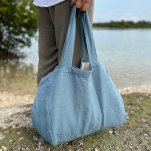 Large Linen Beach Bag - Eco Friendly Oversized Tote, Travel bag, Beach bag with pockets, Stonewashed Durable - French style - Slate Blue. VASI studio