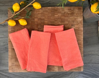 Premium French Linen Napkins 18x18", Sets, Stonewashed, Handcrafted Mitered Corners, Luxury Dining Gift, Elegant Table Decor (Coral Rouge)