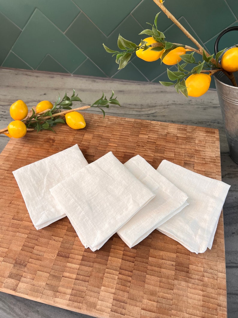 Linen Cocktail Napkins - 100% French Linen -10 x 10 inch, Set of 4 - Stonewashed Pure Linen - Handcrafted Cloth - Great Gift (White Alyssum)