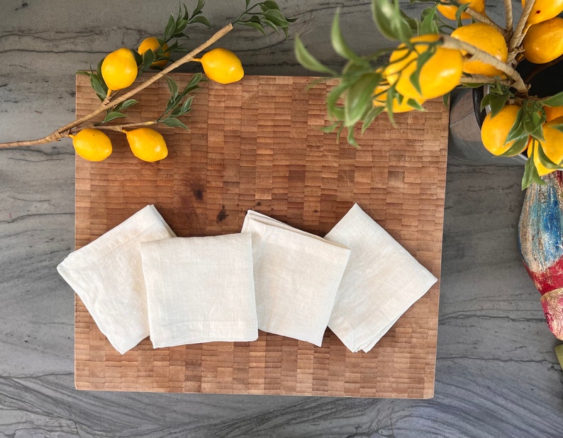 Linen Cocktail Napkins - 100% French Linen -10 x 10 inch, Set of 4 - Stonewashed Pure Linen - Handcrafted Cloth - Great Gift (White Alyssum)