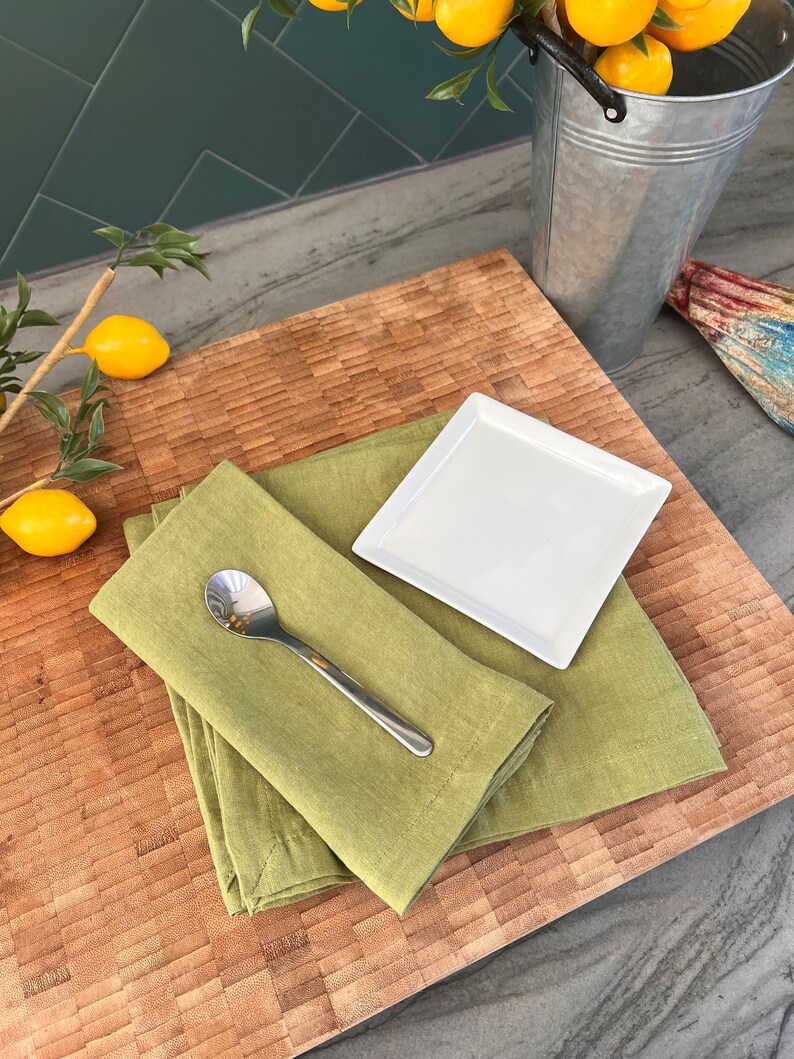 Premium French Linen Napkins 17x17", Sets, Stonewashed, Handcrafted Mitered Corners, Luxury Dining Gift, Elegant Table Decor (Lima Green) VASI studio.