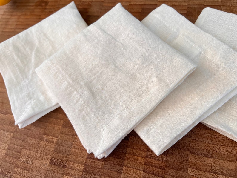 Linen Cocktail Napkins - 100% French Linen -10 x 10 inch, Set of 4 - Stonewashed Pure Linen - Handcrafted Cloth - Great Gift (White Alyssum)