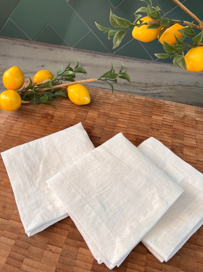 Linen Cocktail Napkins - 100% French Linen -10 x 10 inch, Set of 4 - Stonewashed Pure Linen - Handcrafted Cloth - Great Gift (White Alyssum)