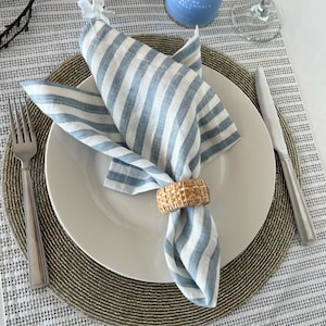 100% French Linen Napkins -18 x 18, Set of 2  - Stonewashed Pure Linen - Handcrafted with Mitered Corners - Great Gift (Blue Stripes)