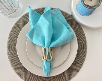 100% French Linen Napkins -17 x 17 inch, Set of 4 - Stonewashed Pure Linen -Handcrafted with Mitered Corners - Great Gift (Angel Blue)