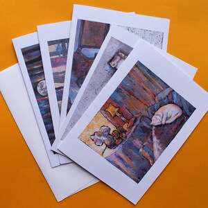 Ensemble combiné de cartes de vœux de la série Chat : 5 cartes pliées ; blanc, chat dans un décor intérieur, 5x7", pleine conscience, simple, slow life, pour un amoureux des chats !