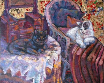 ¡Impresión artística giclée de una pintura de gato en técnica mixta con oro de 14 k para un amante de los gatos!