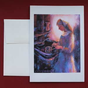 SOB LUZ BRILHANTE — Cartão de felicitações: em branco, dobrado, uma mulher cozinhando, vida lenta, atenção plena, vida simples, 7x5", pintura a óleo, para ela!