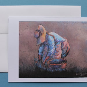 VENTO SUSSURRO—Biglietto d'auguri: vuoto, piegato, giardinaggio, 5x7", vita lenta, vita semplice, consapevolezza, da pittura a olio, per un giardiniere.