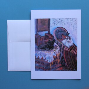 COMPAGNIE : carte de voeux : vierge, pliée, deux chats, 7 x 5 pouces, vie lente, vie simple, de la peinture à l'huile originale, pour un amoureux des chats !