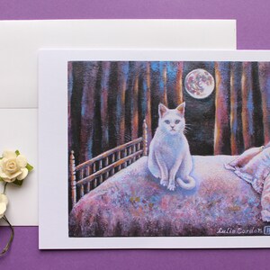 月と猫 - グリーティング カード: 空白、折りたたみ、5 x 7 インチ (12.7 cm x 17.8 cm)、油絵、白い猫、マインドフルネス、猫好きの人向け!